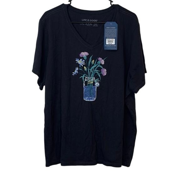 NWT Life Is Good Women’s Crusher Lite V-Neck Tee Wildflower Jar Size XXXL Black - Picture 1 of 9